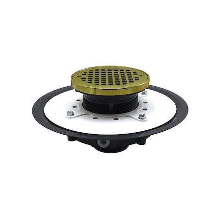 Jones Stephens 4in Heavy Duty PVC Drain Base with 3-1/2in Plastic Spud and 5in Polished Brass Strainer with Ring D53472